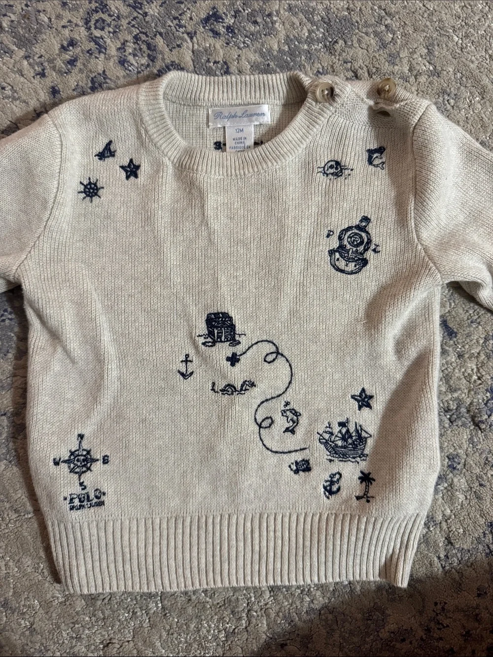 Ralph Lauren 12 months Cream Knit Sweater with Nautical Embroidery- worn 1 time